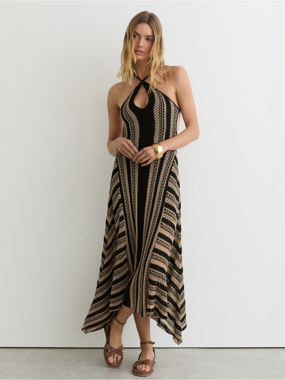 Reiss Stripe Crochet-Knit Tie-Back Maxi Dress in Black/Neutral